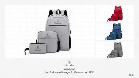 Sac à dos multiusage 3 pièces + port USB