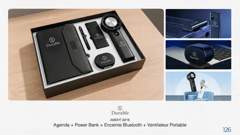 Agenda + Power Bank + Enceinte Bluetooth + Ventilateur Portable